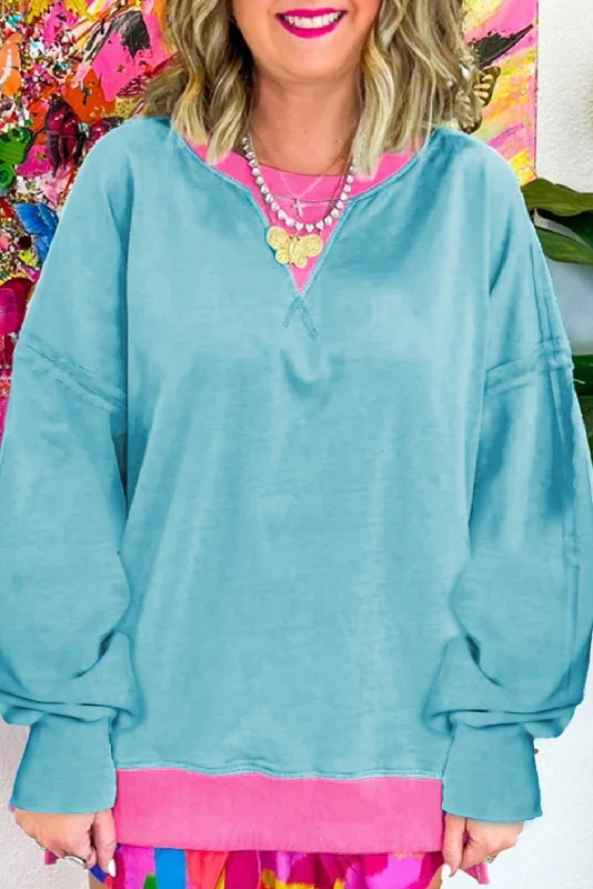 Light Blue Colorblock Patchwork Crew Neck Loose Sweatshirt Hoodie with Slit Hem Functional Movement