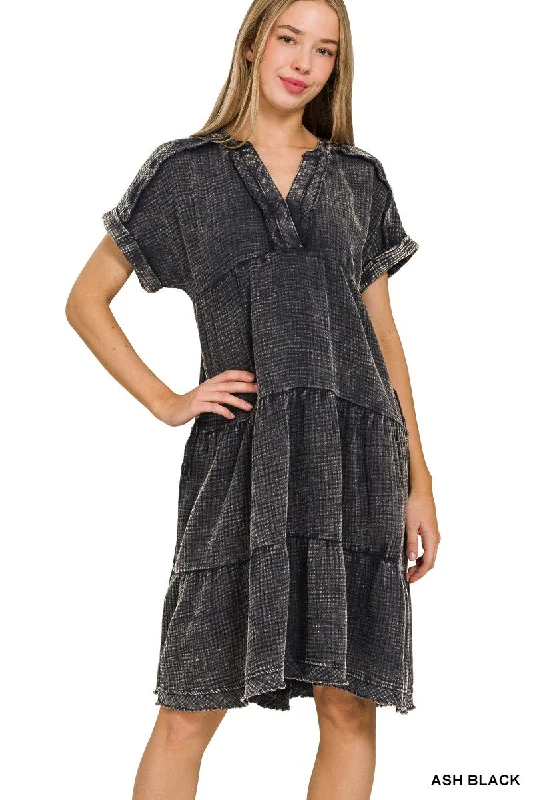 Gauze Tiered Dress - ash black Tunics Running lightweight