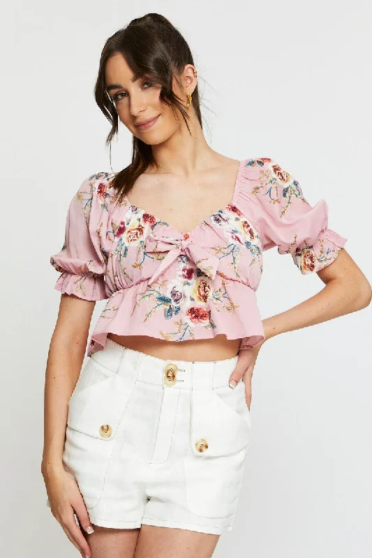 Print Crop Top Short Sleeve Tie Up Mesh Blend Leather Blend Suede Blend