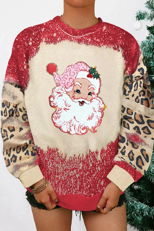 Red Shiny Father Christmas Leopard Sleeve Bleached Dye Sweatshirt Hoodie with Hem Lace Feminine Delicate