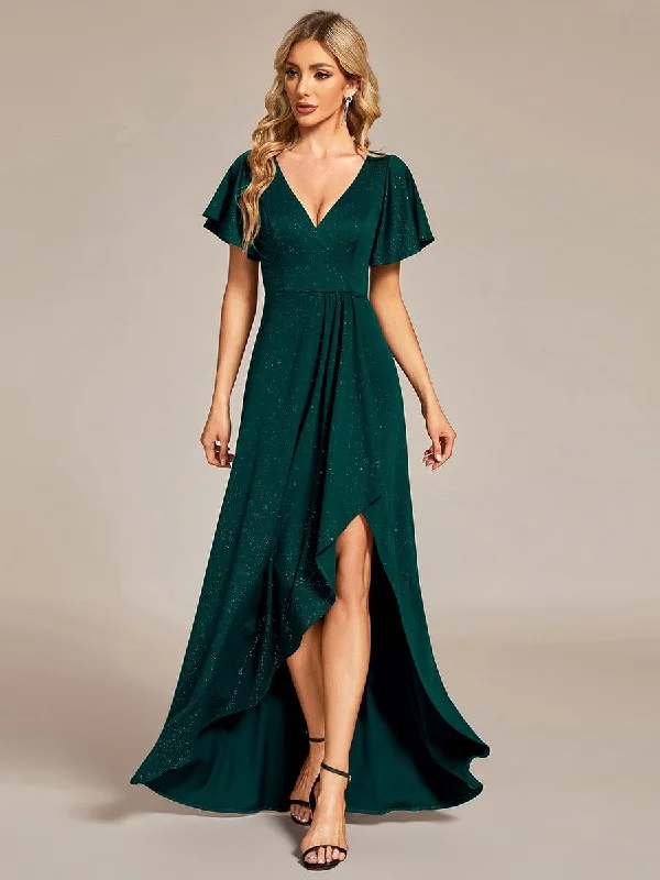 Glitter High-Low Front Side Slit Ruffled V-Neck Evening Dress Tunics Essential wardrobe