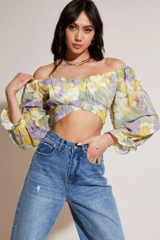 Print Crop Top Long Sleeve Fleece Fabric Down Fabric Feather Fabric