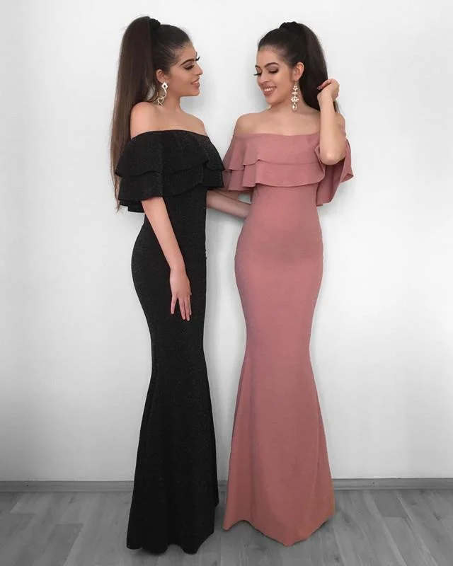 Off The Shoulder Mermaid Evening Dress Ruffle Sleeves Prom Gowns Tunics Brand named