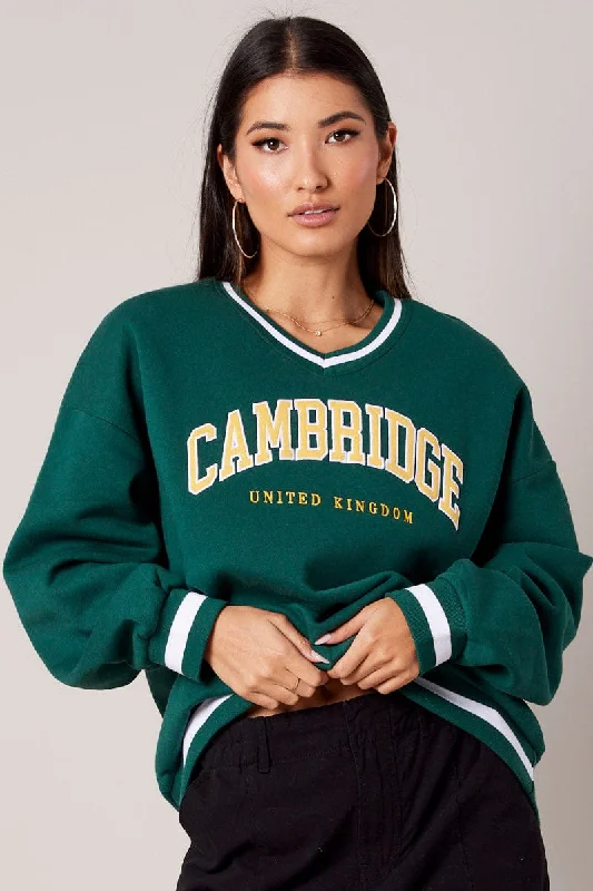 Green Graphic Sweater Long Sleeve High Neck Crew Neck V-Neck