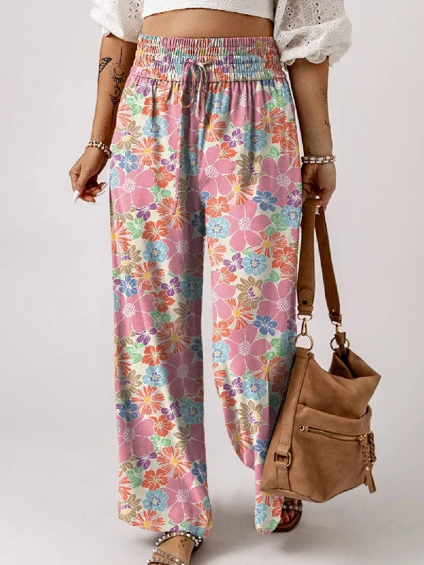 Pink Blossom Elastic Waist Relaxed Fit Trousers Trousers Capri Summer