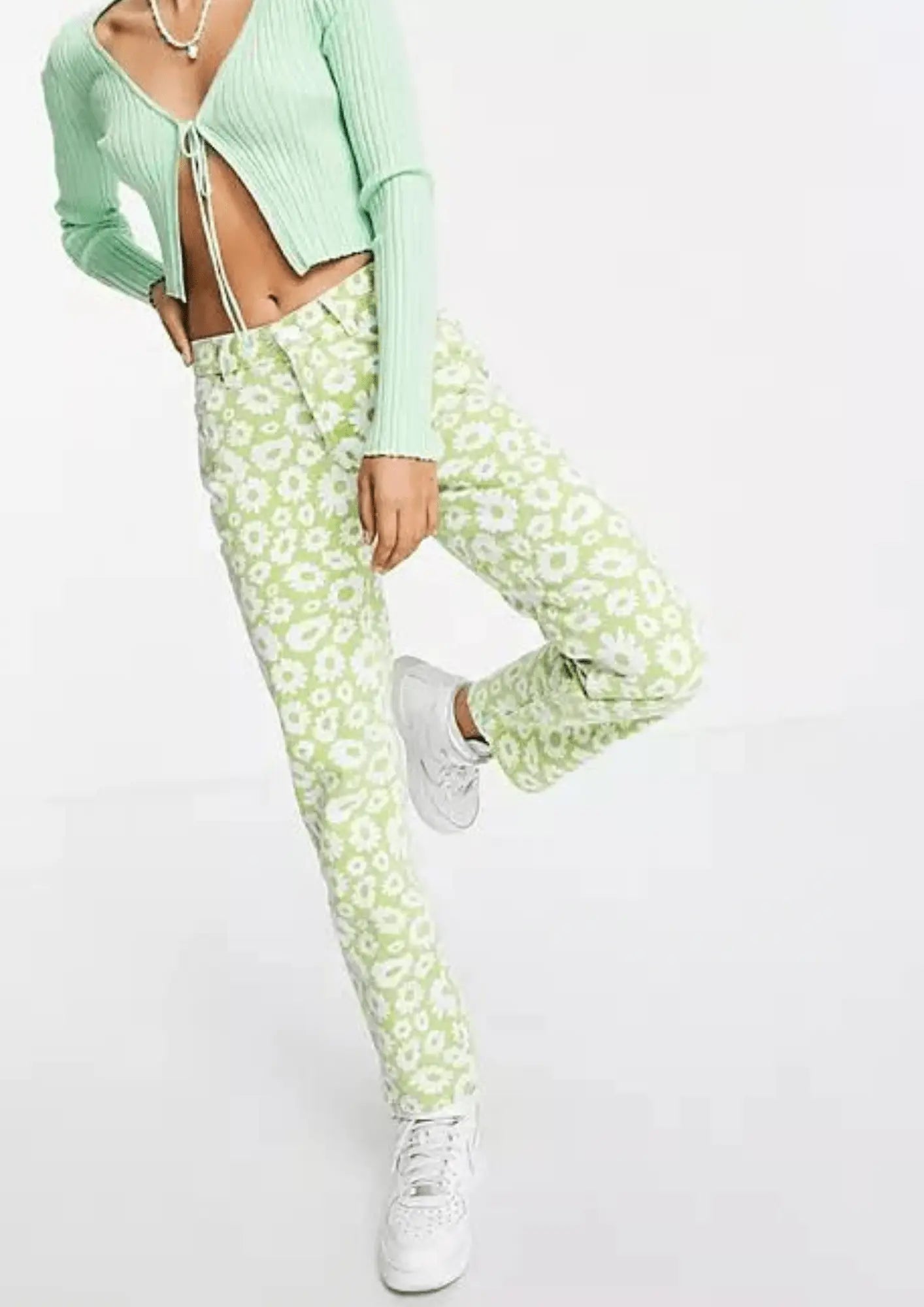 GREEN FLORAL DENIM TROUSERS Trousers Yoga Stretchy
