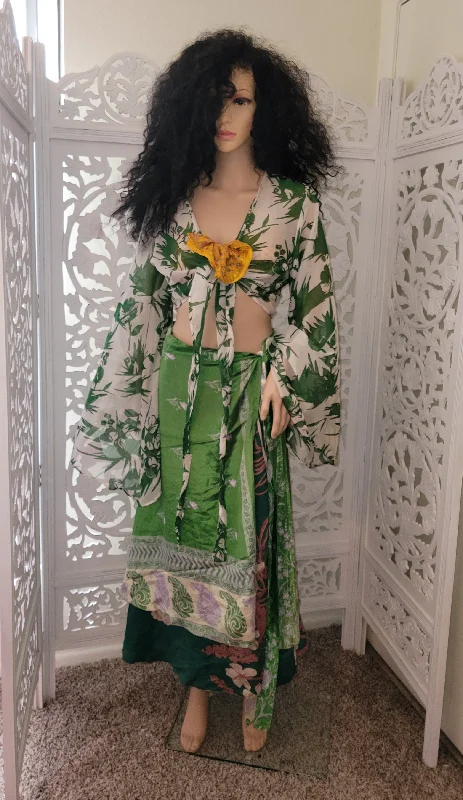 Silk Green Print Boho Reversible Wrap Maxi Skirt seamless skirt comfort