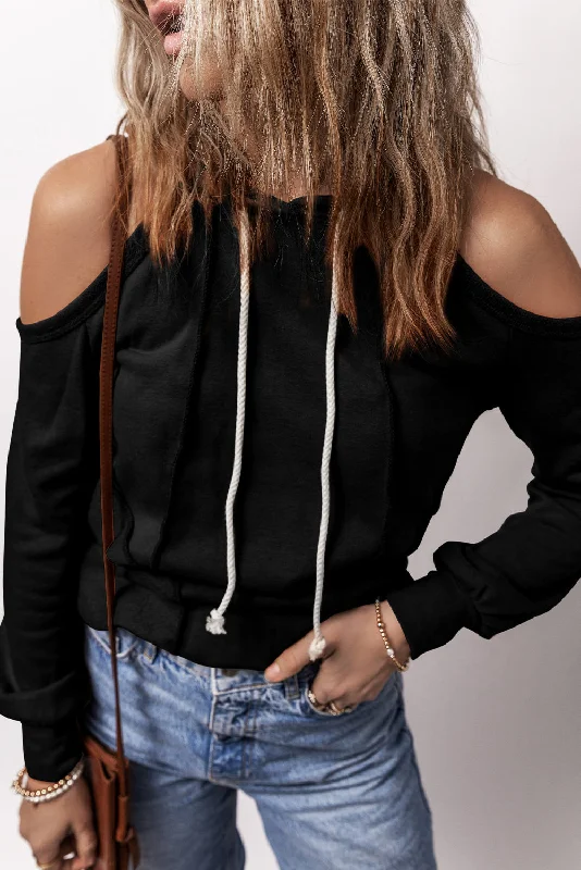 Black Exposed Seam Cold Shoulder Drawstring Hoodie Hoodie with Typography Text Message Black Exposed Seam Cold Shoulder Drawstring Hoodie Hoodie with Typography Text Message