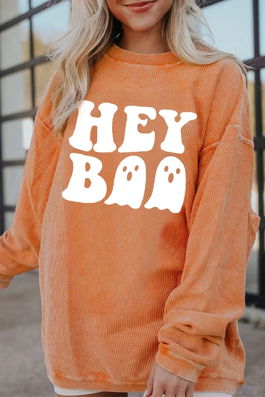 Orange Halloween Hey Boo Ghost Print Loose Sweatshirt Hoodie with Applique Textured Unique Orange Halloween Hey Boo Ghost Print Loose Sweatshirt Hoodie with Applique Textured Unique