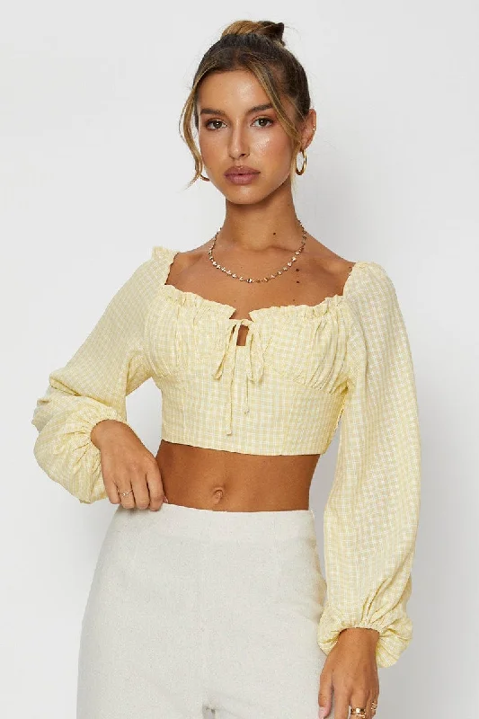 Check Crop Top Long Sleeve Front Pockets Side Pockets Patch Pockets