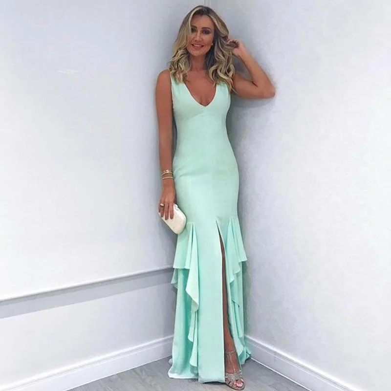 Sexy V Neck Long Mermaid Evening Dresses 2018 Leg Slit Prom Gowns Tunics Chic elegant