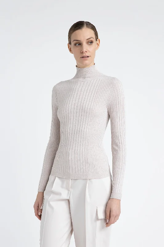 Ribbed high neck sweater in viscose yarn and Lurex Glossy Satin Silk