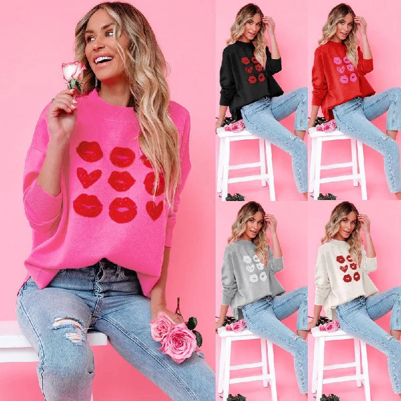 Women's Valentine's Day Love Lip Sweater Toggled Drawstring Belted