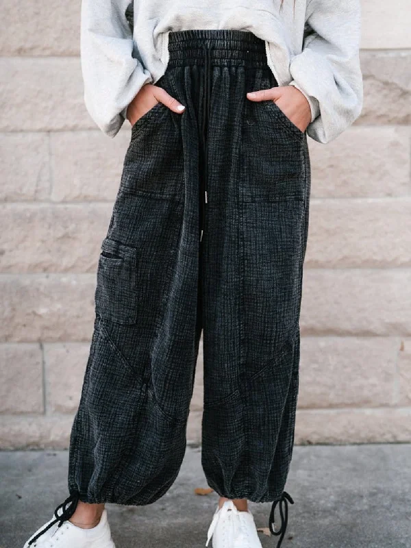 Edgy Black Mineral Wash Textured Wide Leg Drawstring Trousers Trousers High Rise Slim Fit