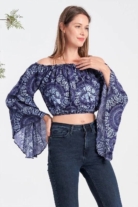 Boho Off The Shoulder Ruffle Sleeve Crop Top (TH-1765) Satin Blend Silk Blend Wool Blend