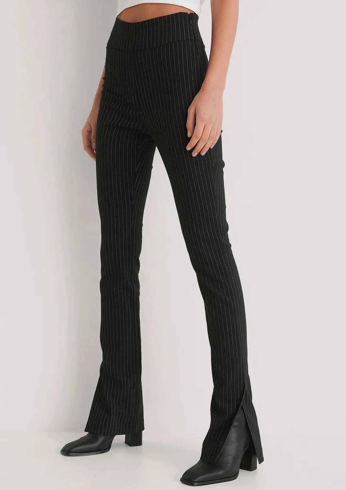 BLACK STRIPED TROUSERS High Waist Slim Fit Ankle Length
