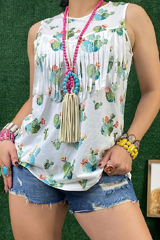 GJQ11157 Cactus printed white tank top w/fringe tassels loose fit tank