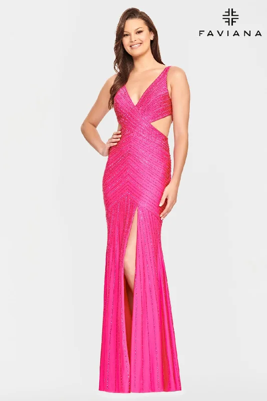 V Neck Prom Dress With Patterned Beading And Side Cutouts Tunics Satin smooth