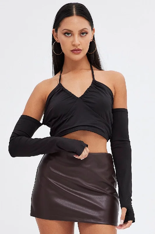 Black Halter Top Long Sleeve Crop Top Chenille Blend Fleece Blend Nylon Blend