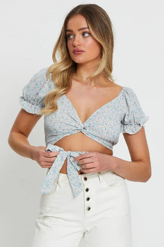 Print Crop Top Tie Up Front Pockets Side Pockets Patch Pockets
