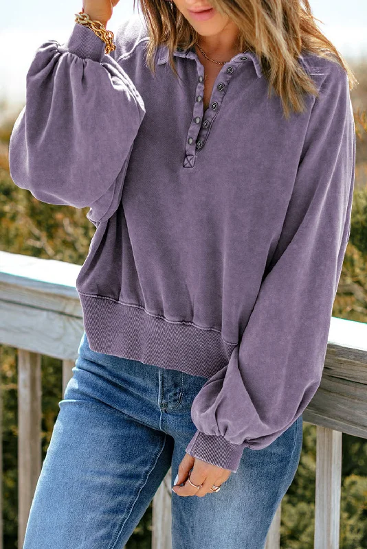 Felix Quarter-Snap Collared Lantern Sleeve Sweatshirt Hoodie with Snap Buttons Easy Quick