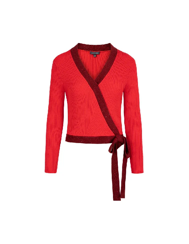 MARYLING Red Crossover Knitted Sweater Cable Knit Ribbed Knit Lace Knit