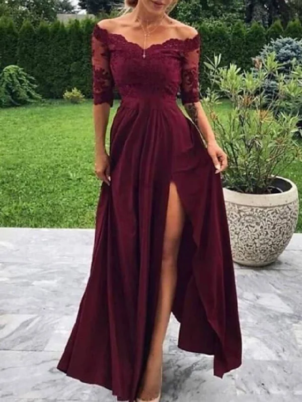 A-Line Minimalist Sexy Wedding Guest Formal Evening Dress Off Shoulder Half Sleeve Floor Length Charmeuse with Pleats Split Appliques Tunics Modern contemporary