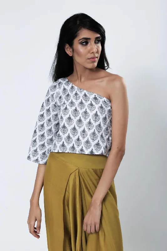 Hand Screen Printed One Shoulder Crop Top Handmade Hand-knitted Hand-woven