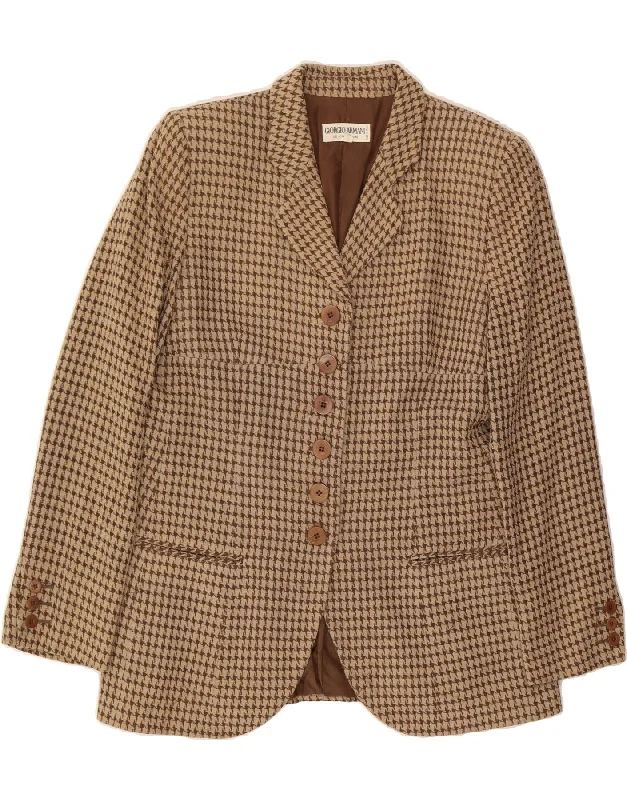 GIORGIO ARMANI Womens Blazer Jacket IT 48 XL Brown Houndstooth Classic Boat Neck Shawl Collar Notched Collar GIORGIO ARMANI Womens Blazer Jacket IT 48 XL Brown Houndstooth Classic Boat Neck Shawl Collar Notched Collar