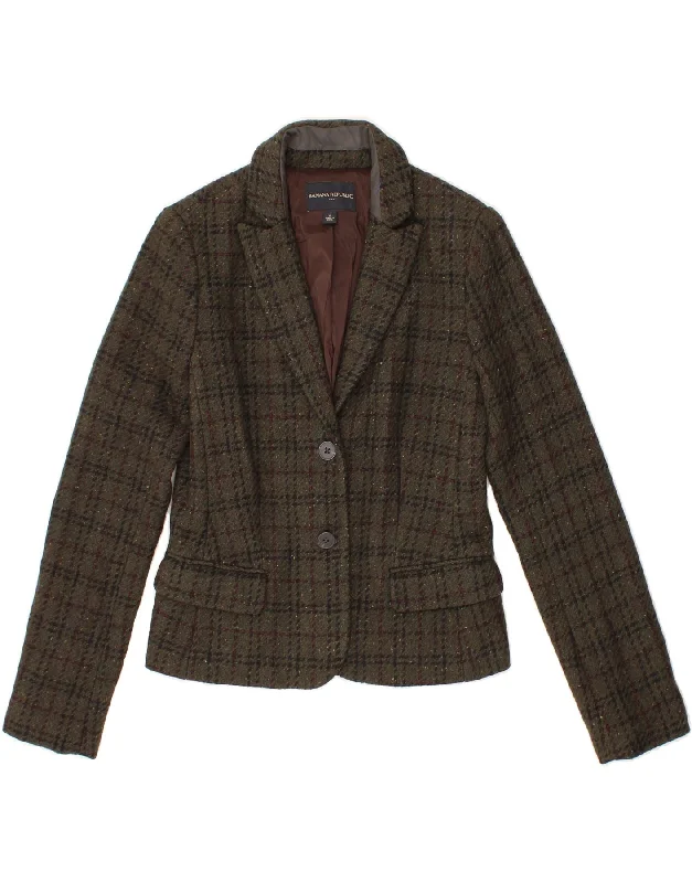 BANANA REPUBLIC Womens 2 Button Blazer Jacket US 0 XS Khaki Check Knit Fabric Woven Fabric Fleece Fabric BANANA REPUBLIC Womens 2 Button Blazer Jacket US 0 XS Khaki Check Knit Fabric Woven Fabric Fleece Fabric