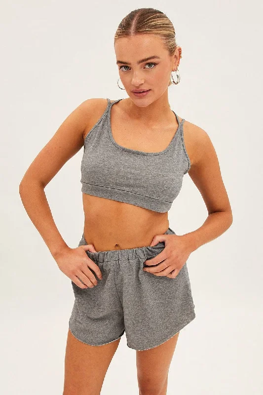 Grey Crop Top Loungewear Set Lace Blend Ribbed Blend Corduroy Blend