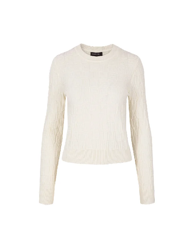 MARYLING White Round Neck Logo Long-Sleeve Knitted Sweater Satin Blend Silk Blend Wool Blend MARYLING White Round Neck Logo Long-Sleeve Knitted Sweater Satin Blend Silk Blend Wool Blend