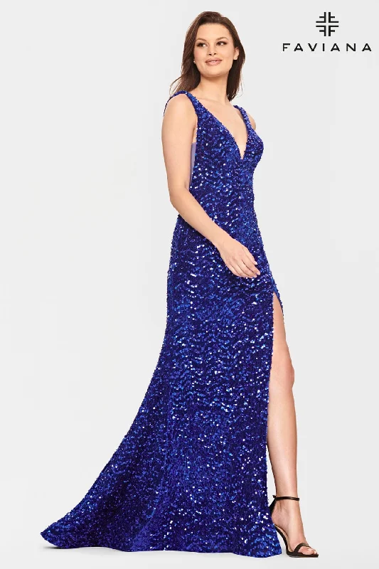 Velvet Sequin Prom Dress With Deep V Neck And Mesh Side Panels Tunics Fashionable chic