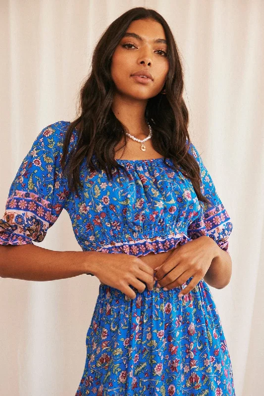 Blue Crop Top Half Sleeve Square Neck Frill Hem Ribbed Striped Patterned