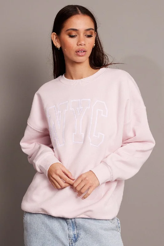 Pink Graphic Sweater Long Sleeve Fleece Fabric Down Fabric Feather Fabric