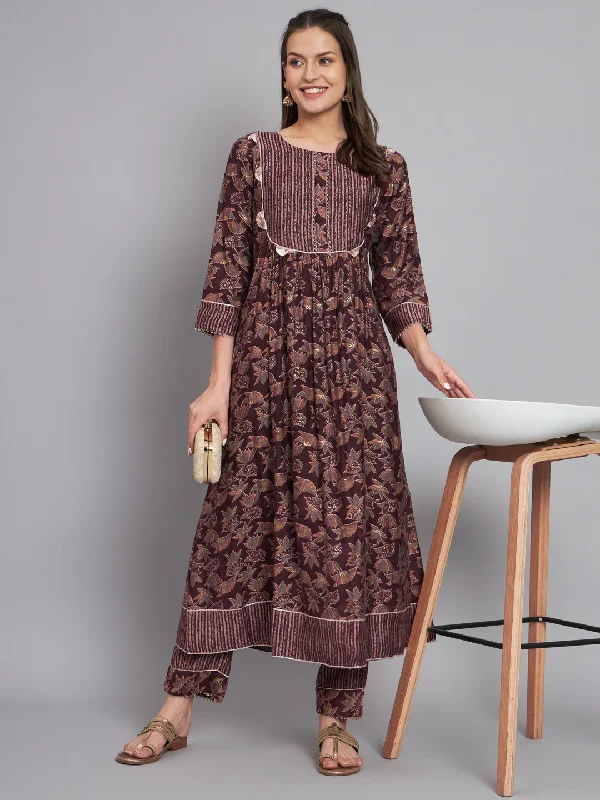 Women's Wine Printed Front Pleated Kurta With Trouser - Mesmora Fashion Trousers Handmade Artisanal