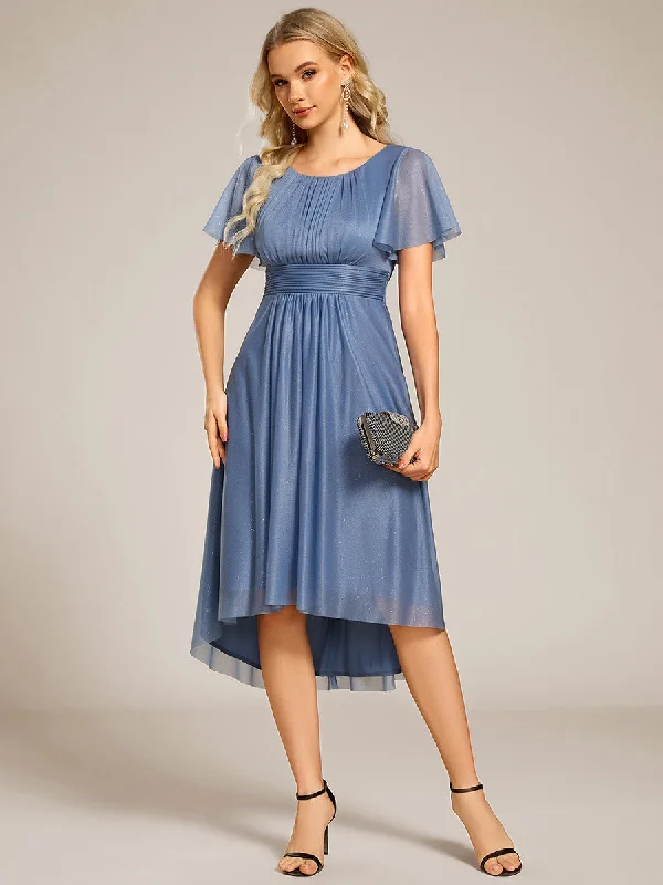 Short Sleeves Round Neck Asymmetrical Midi Wedding Guest Dress Tunics Sophisticated sleek