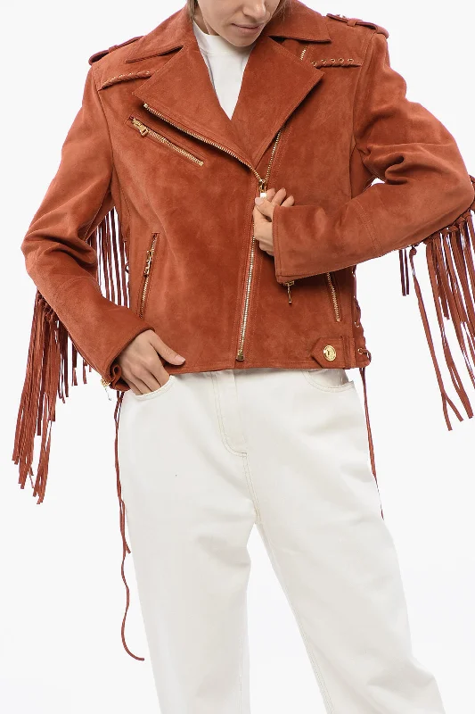 Balmain Fringed Suede Biker Jacket Faux Fur Jacket Real Fur Jacket Shearling Jacket