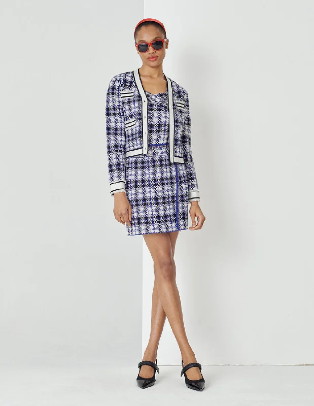 MARYLING Blue And White Plaid Contrast Colour Tassel Knit Sweater Stretchy Elastic Breathable