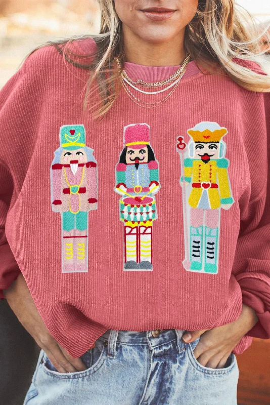 Strawberry Pink Chenille Nutcracker Doll Graphic Christmas Corded Sweatshirt Hoodie with Ribbed Neckline Snug Warm