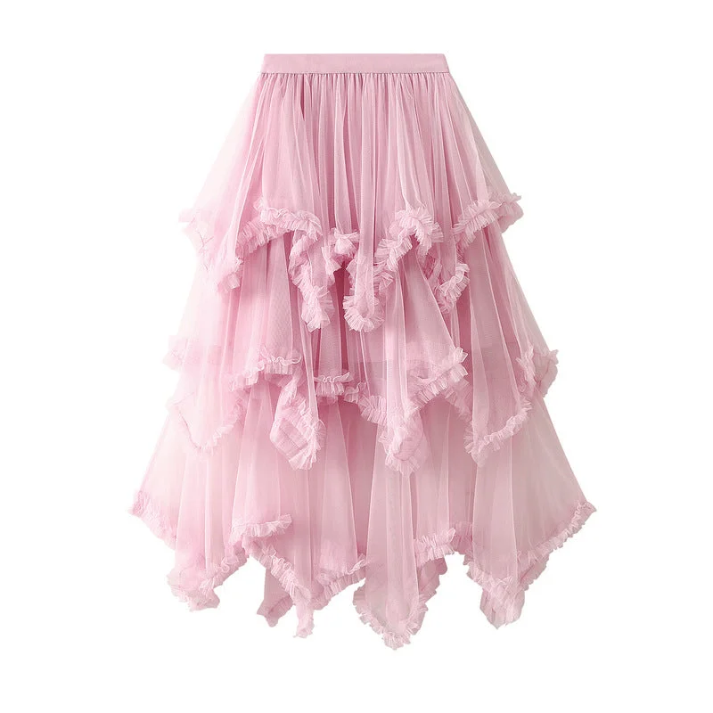 Baby Pink Aysmmetrical Hem Tulle Skirt summer skirt style