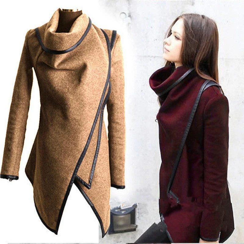 Coat Women Irregular Collar Lapel Side Zipper Woolen Coat Women Loose Sweater Outwear Jacket Plus Size Boat Neck Shawl Collar Notched Collar