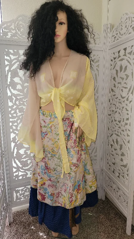 Boho Festival Yellow Print Silk Reversible Wrap Maxi Skirt modal blend skirt