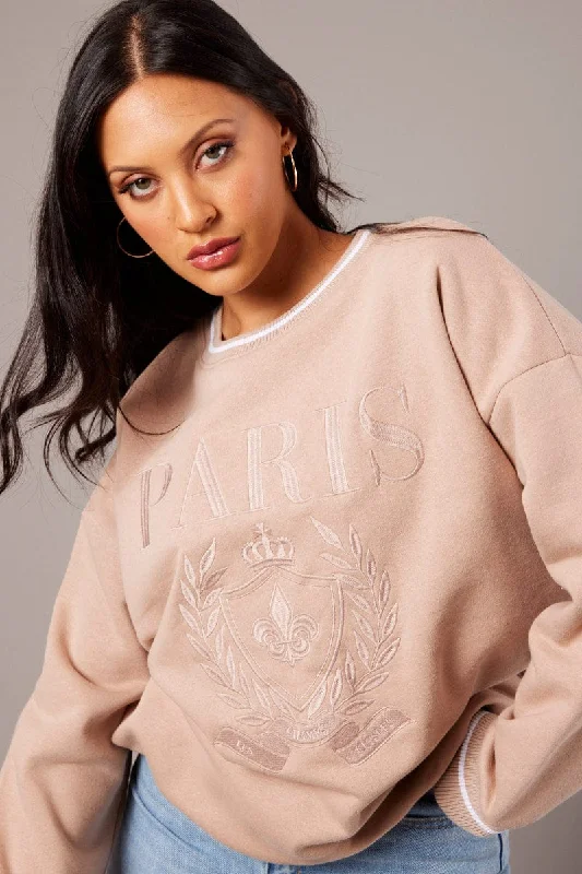 Brown Graphic Sweater Long Sleeve Faux Fur Fabric Real Fur Fabric Shearling Fabric