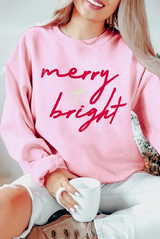 Pink merry + bright Christmas Fashion Graphic Sweatshirt Hoodie with Zipper Placket Modern Functional