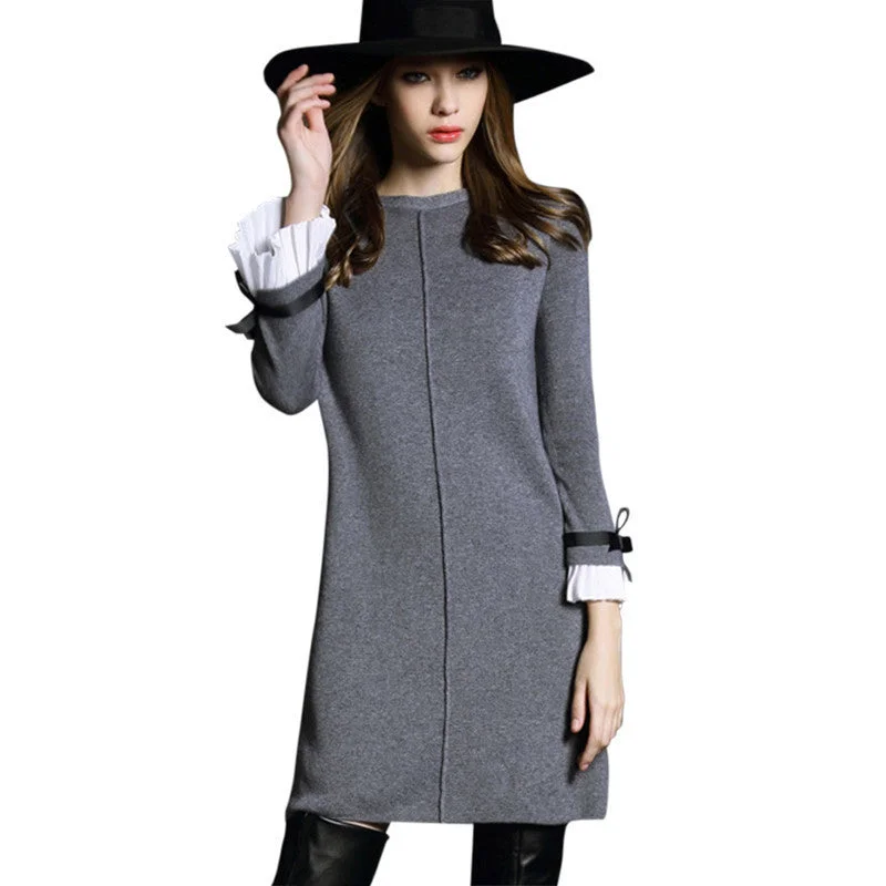 Autumn Women Dress High Butterfly sleeve Knitted Sweater Black&Gray Casual A-line Dress Layered Multi-layer Single Layer Autumn Women Dress High Butterfly sleeve Knitted Sweater Black&Gray Casual A-line Dress Layered Multi-layer Single Layer