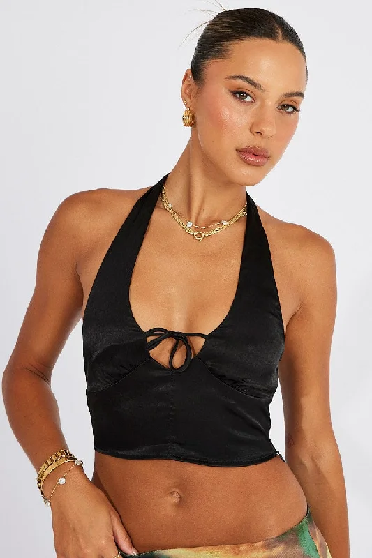 Black Crop Top Halter Rayon Velvet Corduroy