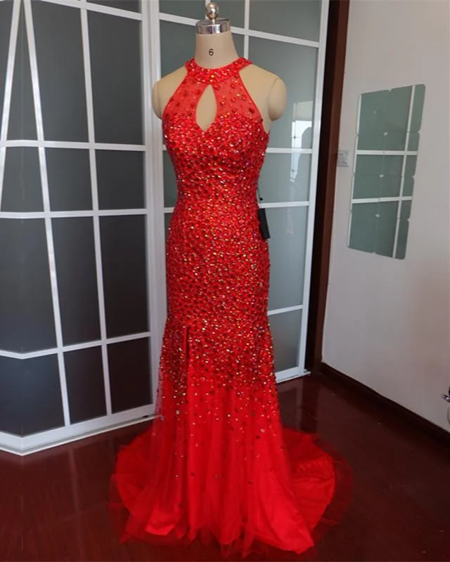 Luxurious Crystal Beaded Halter Mermaid Evening Dresses Leg Split Prom Gowns Tunics Silk luxurious