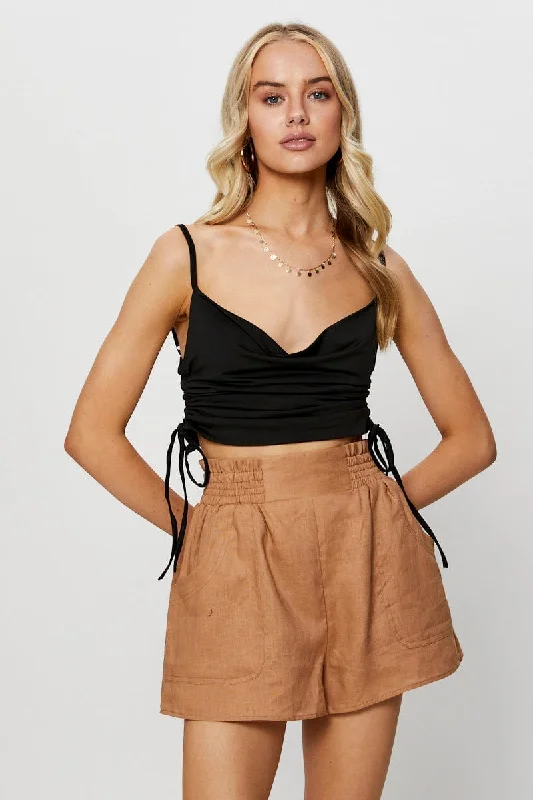 Black Crop Top Cowl Neck Front Pockets Side Pockets Patch Pockets