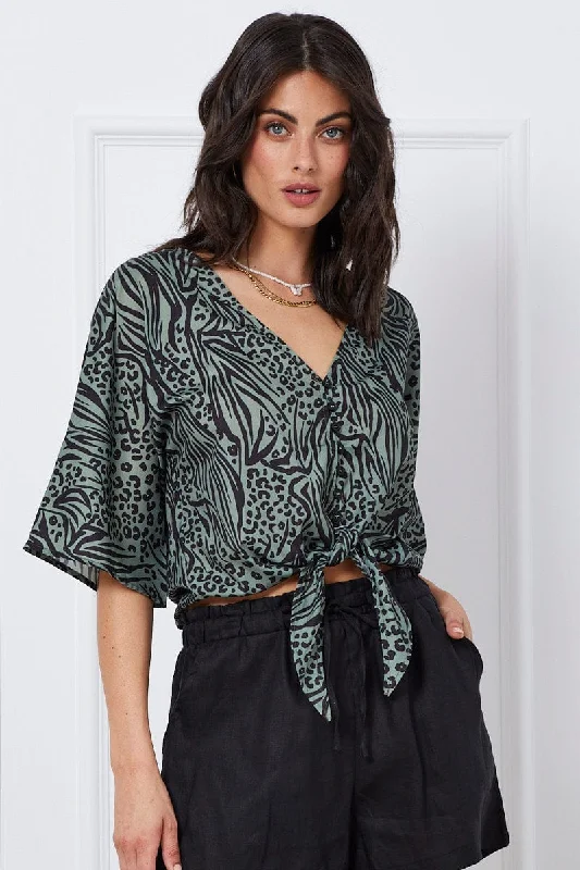 Print Crop Top Short Sleeve Tie Up Chenille Fabric Brocade Fabric Lace Fabric